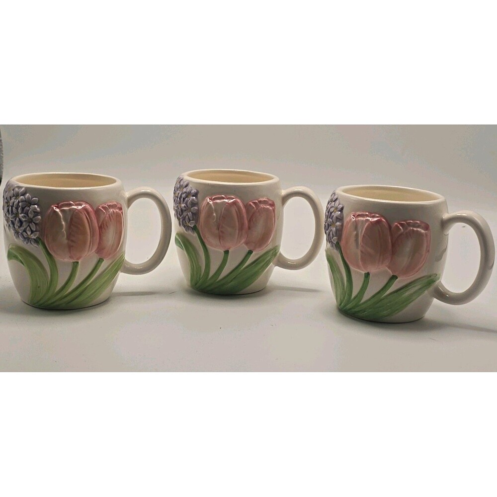 Set of 3 Wh Floral Embossed Tulip Coffee Mugs Pink/Purple 4 oz